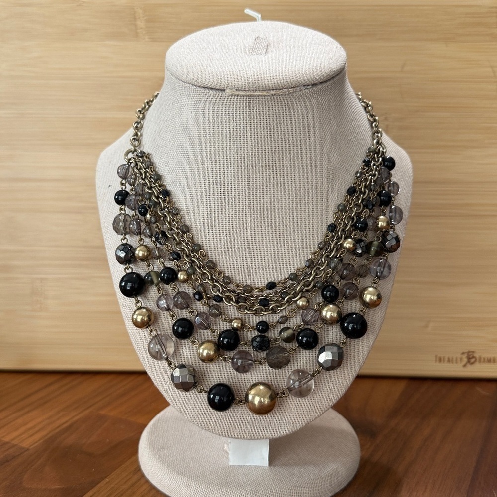 Lia Sophia Fancy That Gold Black Glass & Resin Beaded Multi Strand Necklace